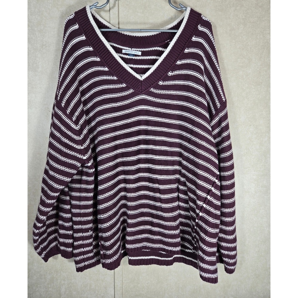 American Eagle Womens Large Burgundy White Striped Oversized V-Neck Sweater
